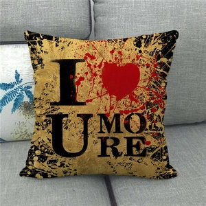 Linen decorative throw pillow cover with I Love You More heart and gold ink texture