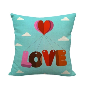 Linen Valentine's Day pillowcase with heart balloon and LOVE lettering on blue background
