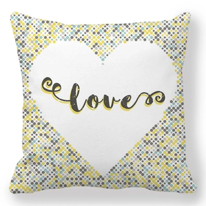 Peach skin square pillowcase with pixel heart love pattern in yellow and blue colors