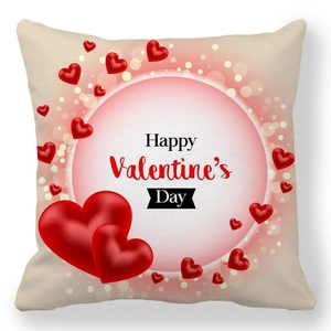 Detail of peach skin fabric Valentine's Day pillowcase with 3D hearts and festive text