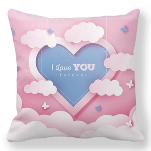 Square peach skin pillowcase with I Love You Forever heart design and clouds