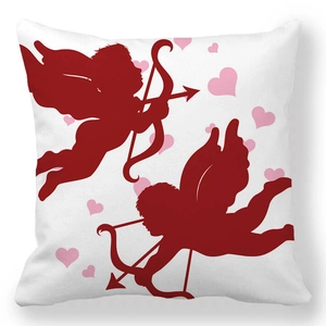 Close-up of white heart pillowcase featuring two red Cupids and pink hearts design
