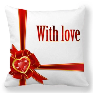 Detail of red ribbon bow and heart gemstone print on white square pillowcase
