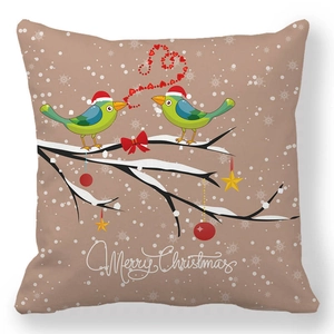 Detail of Christmas peach skin pillowcase with birds, stars, and Merry Christmas text