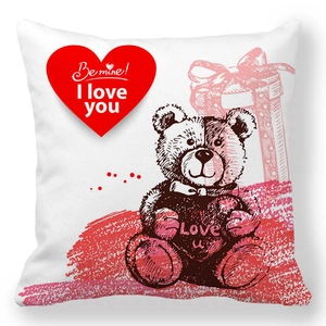 White Valentine pillowcase with heart pattern and cute bear saying Be Mine I Love You