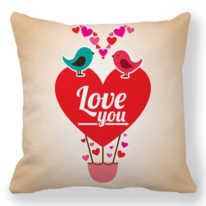 Peach skin pillow cover with heart hot air balloon and Love You print for Valentines