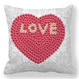 Valentine Peach Skin pillowcase featuring pink rose heart and LOVE text on grey damask
