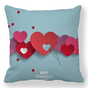 Detail of Happy Valentine's Day peach skin pillowcase with red hearts on blue background
