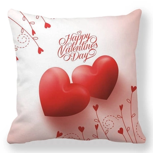 Detail showing two red 3D hearts and Happy Valentines Day text on peach skin pillowcase