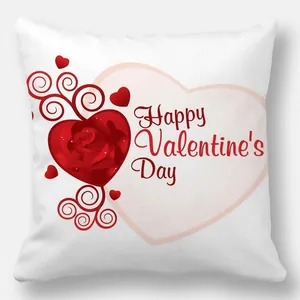 Close-up of peach skin pillowcase with red heart rose patterns and festive greeting