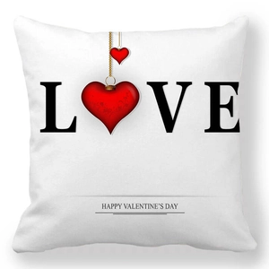 Detail of Happy Valentine's Day peach skin pillowcase with red heart and LOVE text