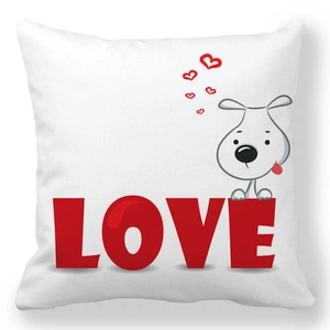 Detail of white square pillowcase with red LOVE text and cute cartoon dog design