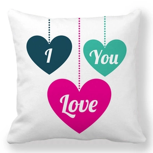 Detail of square pillowcase with I Love You hanging heart prints on white peach skin fabric