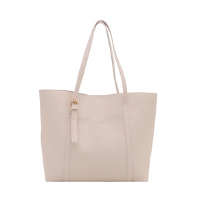 Minimalist beige PU leather tote bag with double straps and functional front pocket