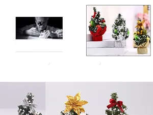 Dettaglio mini alberi di Natale da 20 cm in rosso, argento e oro con base a quadri