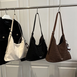 Retro large faux suede tote bags in beige and leopard print with flower charms