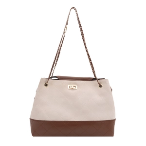Quilted oversized tote bag with chain strap in beige and brown contrast design