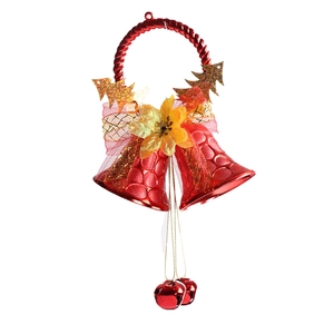 Christmas hanging decor with red bells, golden trees, and festive bows on white backdrop