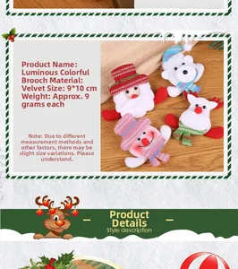 Detailed specs of glowing Christmas brooches showing velvet material and dimensions