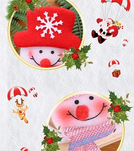 Detail of plush Christmas snowman pins with red hat and glittery scarf decorations