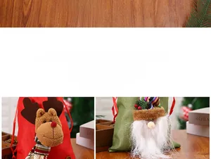 Detail of Christmas drawstring gift bags with 3D plush deer and gnome designs