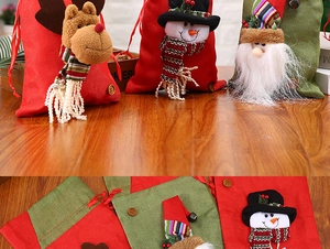 Detail of Christmas drawstring gift bags featuring 3D reindeer and snowman plush designs