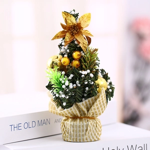 Mini albero di Natale da 20 cm con fiori dorati e neve per decorazione scrivania