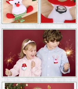 Detail of Christmas LED brooch showing plush Santa and reindeer with pin back structure