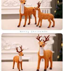 Detailed view of lifelike plush reindeer figurines on a festive mantel with warm decor