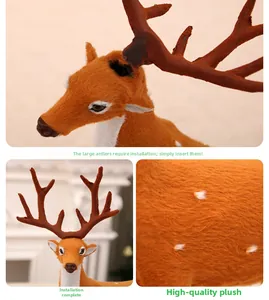 Detail view of plush reindeer decoration with detachable antlers and soft fur texture
