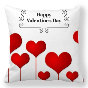 Detail of Happy Valentine's Day peach skin pillowcase with red heart and artistic patterns
