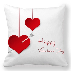 Detail of Happy Valentine's Day square pillow case with red hearts and arrow design