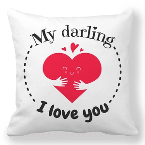 Detail of white square peach skin pillowcase with red heart and I love you text