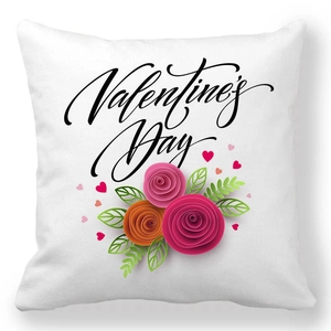 Close-up of Valentine's Day pillowcase with rose floral prints and cursive lettering