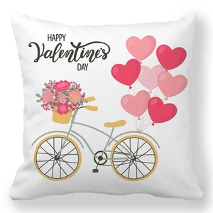 Detail of Happy Valentine's Day peach skin pillowcase with a vintage bike and heart balloons