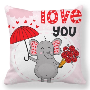 Detail of soft peach skin pillowcase with cute cartoon elephant and love you text
