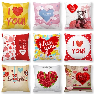 Romantic Valentine's Day Heart Floral Linen Throw Pillowcase Decorative Square Cushion Cover For Sofa Home Couch Decor
