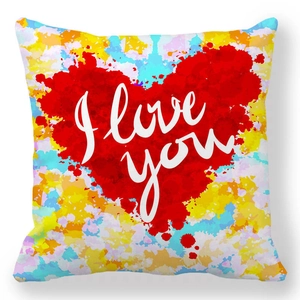 Colorful splatter background pillowcase with a red heart and I love you artistic text