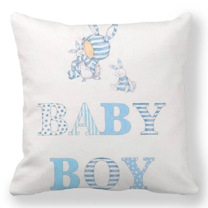 Detail of soft peach skin cushion cover featuring baby boy text and cute bunny design