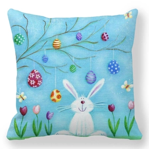 Detailed view of Easter peach skin pillowcase with rabbit, colorful eggs and tulips
