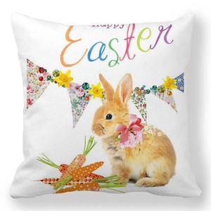 Happy Easter throw pillow cover with brown rabbit, colorful bunting and floral eggs