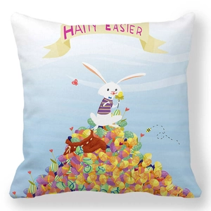 Detailed view of Happy Easter rabbit and colorful eggs print on blue peach skin pillowcase