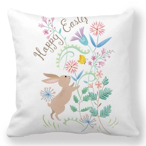 Detail of Happy Easter peach skin pillowcase with brown rabbit and floral print