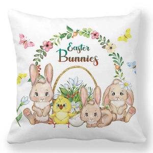 Détail de l'imprimé aquarelle de lapins de Pâques sur taie d'oreiller carrée blanche