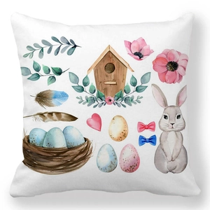 Détail d'une taie d'oreiller de Pâques avec lapin à l'aquarelle, nid d'œufs bleus et fleurs