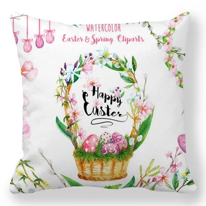 Détail de la taie d'oreiller Joyeuses Pâques avec panier d'œufs et couronne florale