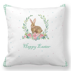 Détail d'une taie d'oreiller de Pâques avec lapin, fleurs et bordure vichy verte