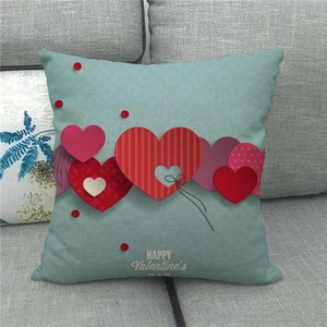 Detail of Valentines Day pillowcase showing linen texture and heart pattern on sofa