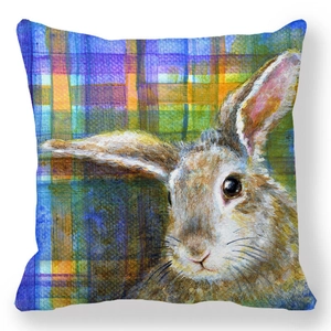 Housse de coussin lapin de Pâques en peau de pêche avec lapin sur motif à carreaux