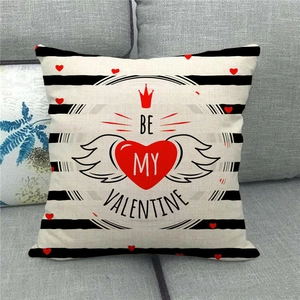 Valentine linen pillow cover with black stripes, red heart and Be My Valentine text